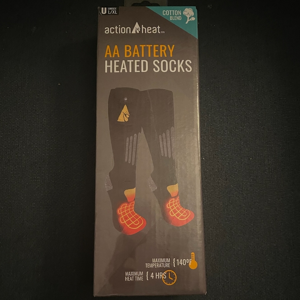 Action Heat AA Battery Heated Socks cotton blend men size 9-12 women size 10-13
